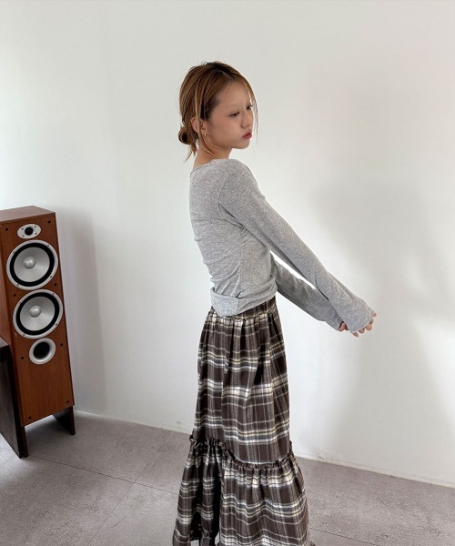 4INT.（フォイント）の「【森ガールルック】チェック カンカン ティアード フリル ロングスカート（スカート・レディース・ネイビー/ブラウン・FREE）」の5枚目の写真