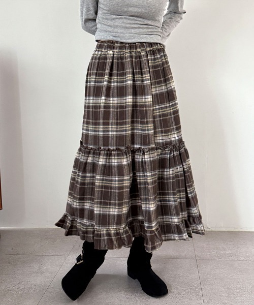 US vintage USA製 コサージュ　フリル　ロングスカート Q262 セール】【森ガールルック】チェック カンカン ティアード フリル