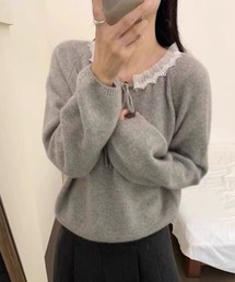 レースネック フロントリボン ニット