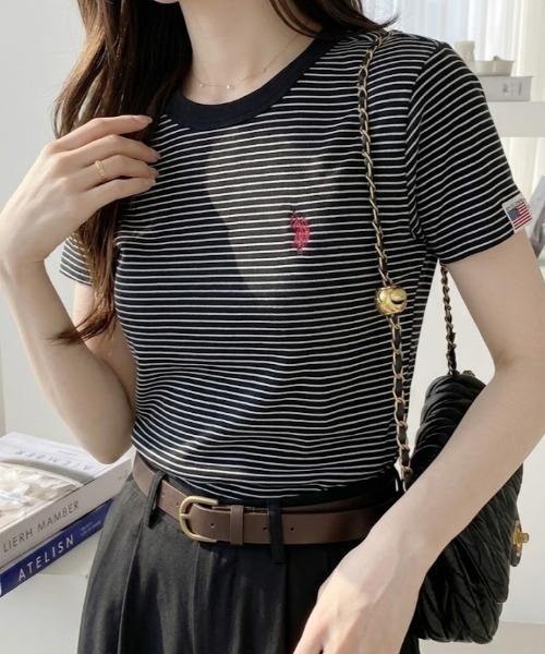 U.S. POLO ASSN.(ユーエスポロアッスン)の「【U.S. POLO ASSN.】クルーネック スムースTシャツ(Tシャツ/カットソー・レディース・ネイビー/ブラック×ホワイト/ホワイト×ブルー/オフホワイト・L/M)」の1枚目の写真