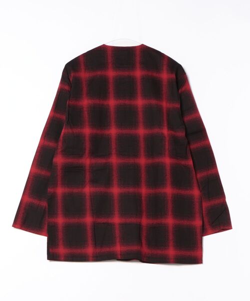 BY THE BAY（バイザベイ）の「【HANEI/ハンエイ】Jisome Check No Collar  Shirt Jacket/ノーカラーシャツジャケット（カバーオール・メンズ・レッド/アイボリー系・MEDIUM/LARGE）」の4枚目の写真