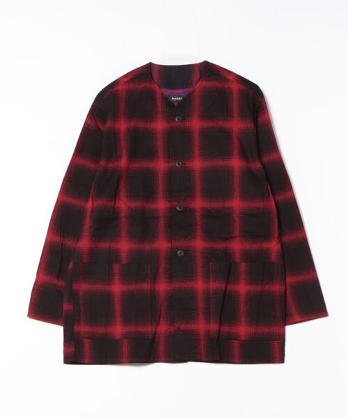 BY THE BAY（バイザベイ）の「【HANEI/ハンエイ】Jisome Check No Collar  Shirt Jacket/ノーカラーシャツジャケット（カバーオール・メンズ・レッド/アイボリー系・MEDIUM/LARGE）」の6枚目の写真