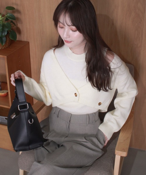 セール】【2点セット】ノースリーブニット＆カーディガンセット 肌見せ