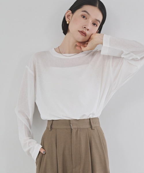 hunch(ハンチ)の「シアーワッフル リラクシー 長袖Tシャツ(Tシャツ/カットソー・レディース・オフホワイト/ブラック/ピンクベージュ/ペールイエロー・FREE)」の1枚目の写真