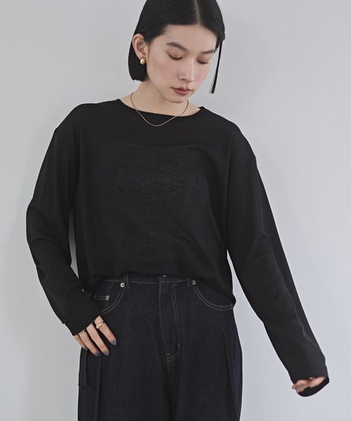 hunch(ハンチ)の「シアーワッフル リラクシー 長袖Tシャツ(Tシャツ/カットソー・レディース・オフホワイト/ブラック/ピンクベージュ/ペールイエロー・FREE)」の10枚目の写真