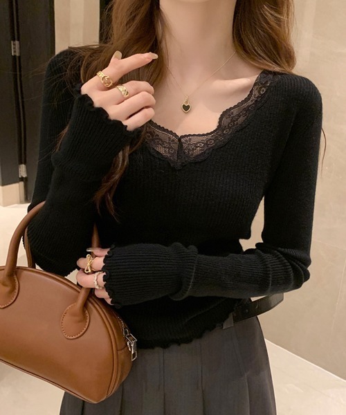 Miniministore(ミニミニストア)の「ニットトップス レディース レース付き(ニット/セーター・レディース・ブラック/ホワイト/モカ/グレー/アイボリー・FREE)」の1枚目の写真