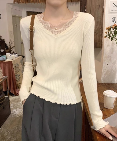 Miniministore(ミニミニストア)の「ニットトップス レディース レース付き(ニット/セーター・レディース・ブラック/ホワイト/モカ/グレー/アイボリー・FREE)」の14枚目の写真