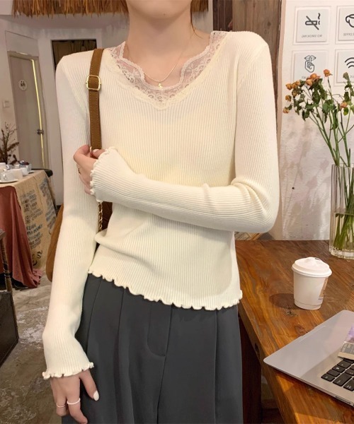Miniministore(ミニミニストア)の「ニットトップス レディース レース付き(ニット/セーター・レディース・ブラック/ホワイト/モカ/グレー/アイボリー・FREE)」の6枚目の写真
