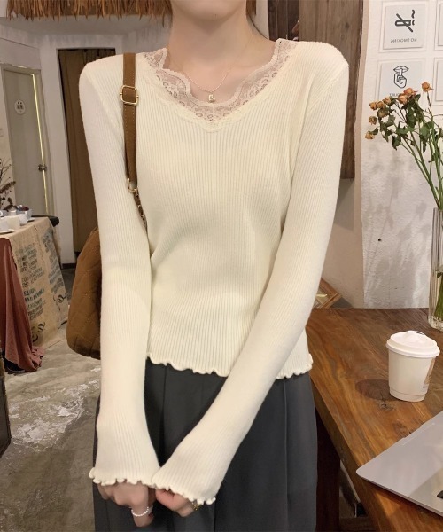 Miniministore(ミニミニストア)の「ニットトップス レディース レース付き(ニット/セーター・レディース・ブラック/ホワイト/モカ/グレー/アイボリー・FREE)」の7枚目の写真