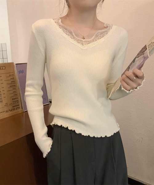 Miniministore(ミニミニストア)の「ニットトップス レディース レース付き(ニット/セーター・レディース・ブラック/ホワイト/モカ/グレー/アイボリー・FREE)」の8枚目の写真