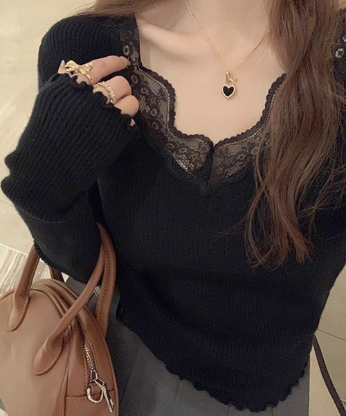 Miniministore(ミニミニストア)の「ニットトップス レディース レース付き(ニット/セーター・レディース・ブラック/ホワイト/モカ/グレー/アイボリー・FREE)」の12枚目の写真