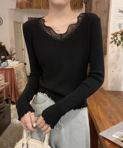 Miniministore(ミニミニストア)の「ニットトップス レディース レース付き(ニット/セーター・レディース・ブラック/ホワイト/モカ/グレー/アイボリー・FREE)」の13枚目の写真
