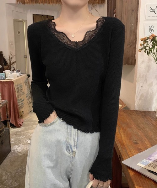 Miniministore(ミニミニストア)の「ニットトップス レディース レース付き(ニット/セーター・レディース・ブラック/ホワイト/モカ/グレー/アイボリー・FREE)」の15枚目の写真