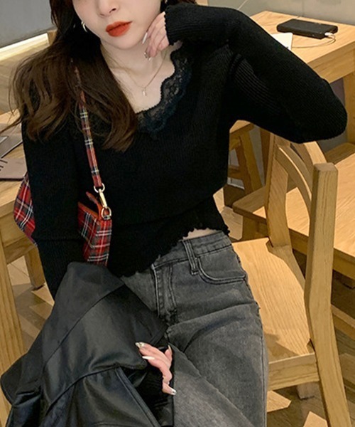 Miniministore(ミニミニストア)の「ニットトップス レディース レース付き(ニット/セーター・レディース・ブラック/ホワイト/モカ/グレー/アイボリー・FREE)」の18枚目の写真