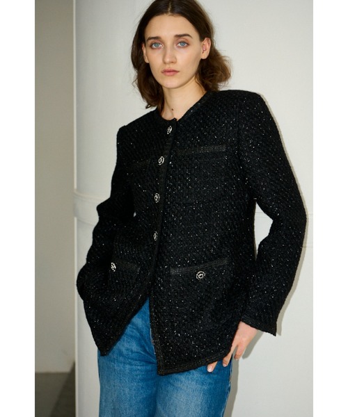 Estella.K(エステラケー)の「Ivanna Tweed Bow Jacket タイ取り外しツィードJK(ノーカラージャケット・レディース・ブラック/オフホワイト・FREE)」の21枚目の写真