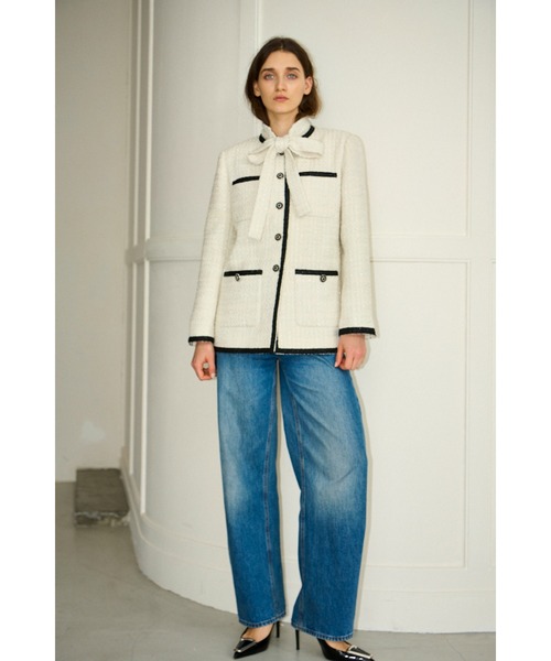 Estella.K(エステラケー)の「Ivanna Tweed Bow Jacket タイ取り外しツィードJK(ノーカラージャケット・レディース・ブラック/オフホワイト・FREE)」の9枚目の写真