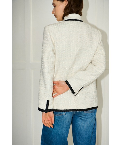 Estella.K(エステラケー)の「Ivanna Tweed Bow Jacket タイ取り外しツィードJK(ノーカラージャケット・レディース・ブラック/オフホワイト・FREE)」の8枚目の写真