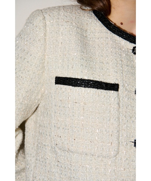 Estella.K(エステラケー)の「Ivanna Tweed Bow Jacket タイ取り外しツィードJK(ノーカラージャケット・レディース・ブラック/オフホワイト・FREE)」の18枚目の写真