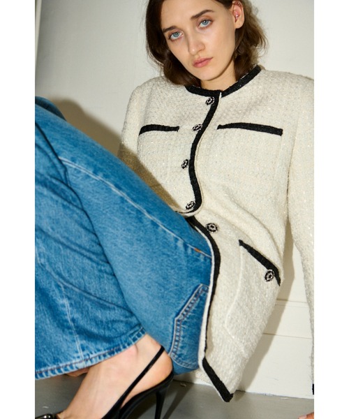Estella.K(エステラケー)の「Ivanna Tweed Bow Jacket タイ取り外しツィードJK(ノーカラージャケット・レディース・ブラック/オフホワイト・FREE)」の14枚目の写真