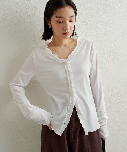 Omekashi(オメカシ)の「フリルリブカーディガン(Tシャツ/カットソー・レディース・チャコールグレー/ブルー/オフホワイト・FREE)」の5枚目の写真