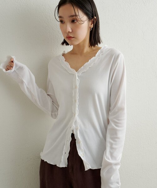 Omekashi(オメカシ)の「フリルリブカーディガン(Tシャツ/カットソー・レディース・チャコールグレー/ブルー/オフホワイト・FREE)」の7枚目の写真