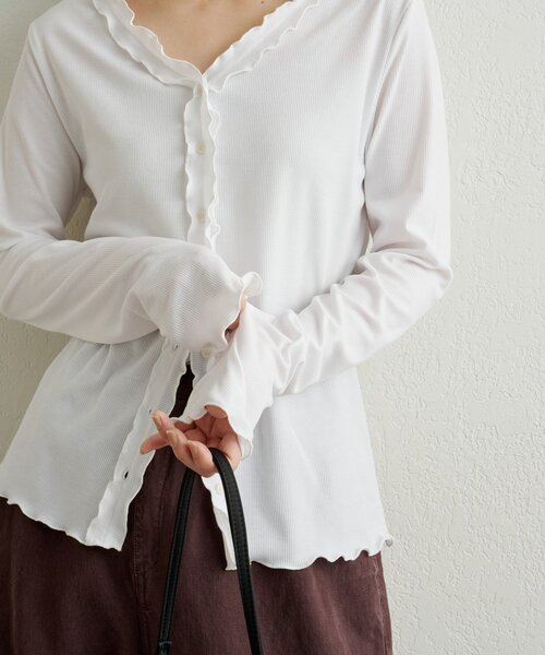 Omekashi(オメカシ)の「フリルリブカーディガン(Tシャツ/カットソー・レディース・チャコールグレー/ブルー/オフホワイト・FREE)」の8枚目の写真