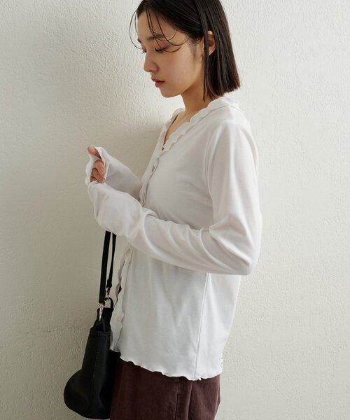 Omekashi(オメカシ)の「フリルリブカーディガン(Tシャツ/カットソー・レディース・チャコールグレー/ブルー/オフホワイト・FREE)」の9枚目の写真