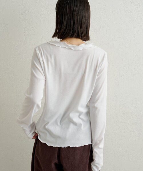 Omekashi(オメカシ)の「フリルリブカーディガン(Tシャツ/カットソー・レディース・チャコールグレー/ブルー/オフホワイト・FREE)」の10枚目の写真