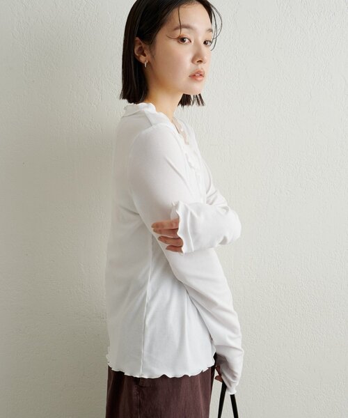 Omekashi(オメカシ)の「フリルリブカーディガン(Tシャツ/カットソー・レディース・チャコールグレー/ブルー/オフホワイト・FREE)」の11枚目の写真