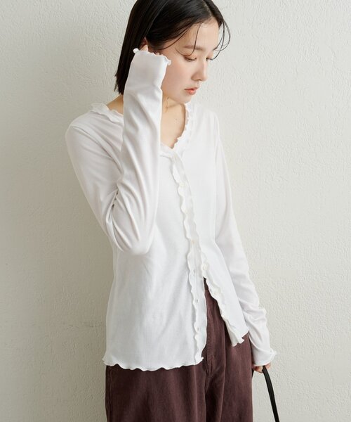 Omekashi(オメカシ)の「フリルリブカーディガン(Tシャツ/カットソー・レディース・チャコールグレー/ブルー/オフホワイト・FREE)」の12枚目の写真