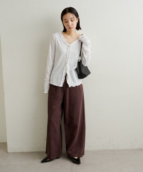 Omekashi(オメカシ)の「フリルリブカーディガン(Tシャツ/カットソー・レディース・チャコールグレー/ブルー/オフホワイト・FREE)」の15枚目の写真