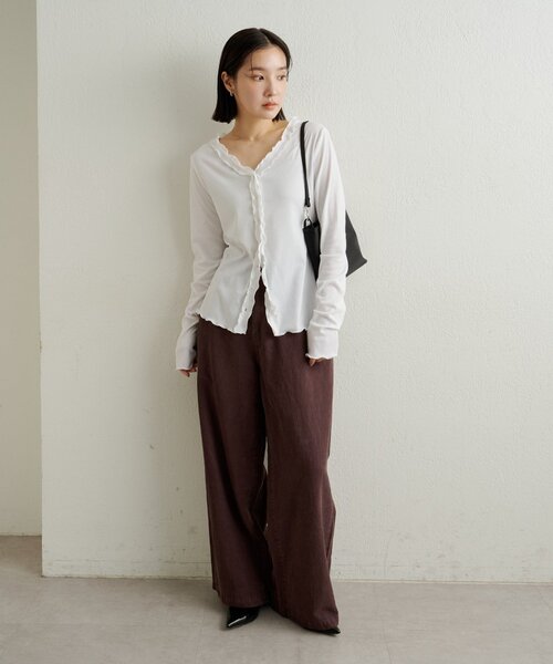 Omekashi(オメカシ)の「フリルリブカーディガン(Tシャツ/カットソー・レディース・チャコールグレー/ブルー/オフホワイト・FREE)」の16枚目の写真