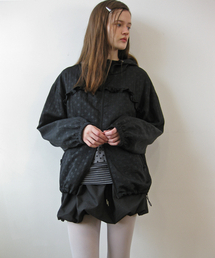 Dot frill hoodie zip-up, black