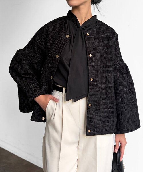 Chez toi（シェトワ）の「【セレモニー対応可】袖フレアツイードジャケット（その他アウター・レディース・オフホワイト/ブラック・FREE）」の2枚目の写真
