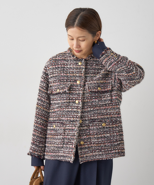 イエナ　ジャケット　ツイード IENA LA BOUCLE LINTON ブライトツイードジャケット（ノーカラー