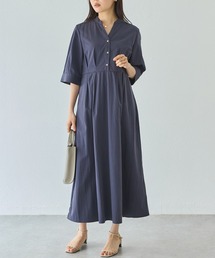 【好機能シリーズ】UVカット・接触冷感・速乾|ウエストタックワンピース|夏を快適に!/1枚で完結する美シルエット/キーネックワンピース/体型カバー/細見え