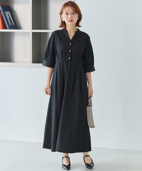 LAVEANGE（ラビアンジェ）の「【好機能シリーズ】UVカット・接触冷感・速乾｜ウエストタックワンピース｜夏を快適に！/1枚で完結する美シルエット/キーネックワンピース/体型カバー/細見え（ワンピース・レディース・ネイビー/ブラック/ベージュ・4L/3L/LL/M/5L）」の6枚目の写真