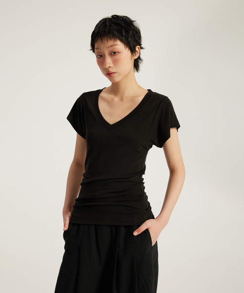 BUTTON SEOUL（ボタンソウル）の「[ウィメンズ] ライオセル VネックドレープTシャツ (3 COLORS)（Tシャツ/カットソー・レディース・ミックスグレー/ブラック/ホワイト・SMALL/MEDIUM/LARGE）」の9枚目の写真