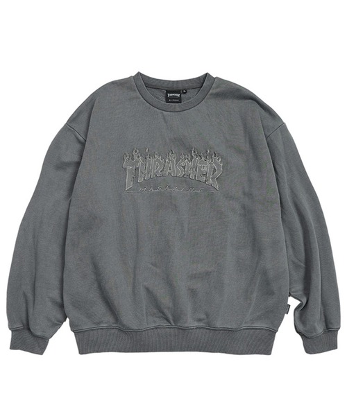 THRASHER（スラッシャー）の「THRASHER (スラッシャー) ダメージ デニムロゴ スウェット トレーナー ピグメント加工 裏毛 トレーナー（スウェット・メンズ・グレー/ピンク/ダークグレー・M/L/LL）」の2枚目の写真