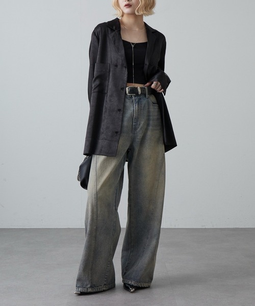 Lui's（ルイス）の「サテンジャケットライクシャツ（テーラードジャケット・レディース・ブラック/アイボリー/ネイビー・FREE）」の5枚目の写真