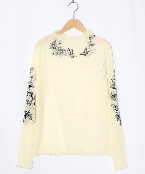 ScoLar(スカラー)の「161607:アンティーク風花蝶プリント ソフトチュールインナー(Tシャツ/カットソー・レディース・アイボリー/ブラック・M)」の9枚目の写真