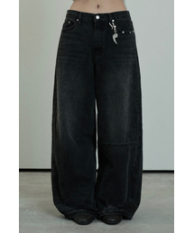 Hem Damage Keyring Wide Denim Pants (Black)