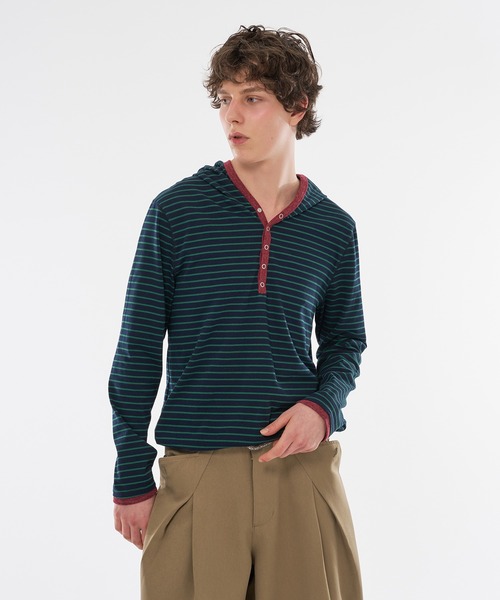 WISH FOR EVER(ウィッシュフォーエバー)の「【 3color / 3size 】DRAW CODE BORDER HENRY HOODIE / ドローコードボーダーヘンリーフーディ(パーカー・メンズ・ネイビー/ダークブルー/レッド・LARGE/MEDIUM/SMALL)」の6枚目の写真