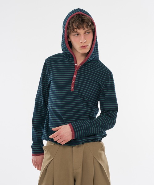 WISH FOR EVER(ウィッシュフォーエバー)の「【 3color / 3size 】DRAW CODE BORDER HENRY HOODIE / ドローコードボーダーヘンリーフーディ(パーカー・メンズ・ネイビー/ダークブルー/レッド・LARGE/MEDIUM/SMALL)」の10枚目の写真