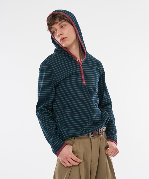 WISH FOR EVER(ウィッシュフォーエバー)の「【 3color / 3size 】DRAW CODE BORDER HENRY HOODIE / ドローコードボーダーヘンリーフーディ(パーカー・メンズ・ネイビー/ダークブルー/レッド・LARGE/MEDIUM/SMALL)」の11枚目の写真