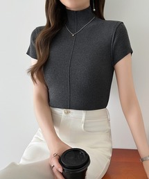 COCOMOMO（ココモモ）の「品よくきれいめ ハイネックリブサマーニット ハイネック 半袖 サマーニット リブニット 半袖ニット オフィス オフィスカジュアル 春服 夏服（ニット/セーター）」