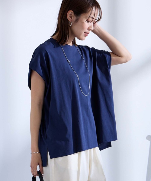 Aunely(オーネリー)の「【Aunely】ひんやり 360°きれい見え フレンチスリーブ ミニマル Tシャツ <YOSOOIシリーズ>(Tシャツ/カットソー・レディース・ネイビー/イエロー系/モカ/ブラウン/チャコールグレー/オフホワイト/ライトブルー/ブラック・L/M)」の7枚目の写真