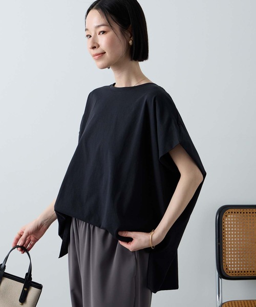 Aunely(オーネリー)の「【Aunely】ひんやり 360°きれい見え フレンチスリーブ ミニマル Tシャツ <YOSOOIシリーズ>(Tシャツ/カットソー・レディース・ネイビー/イエロー系/モカ/ブラウン/チャコールグレー/オフホワイト/ライトブルー/ブラック・L/M)」の3枚目の写真