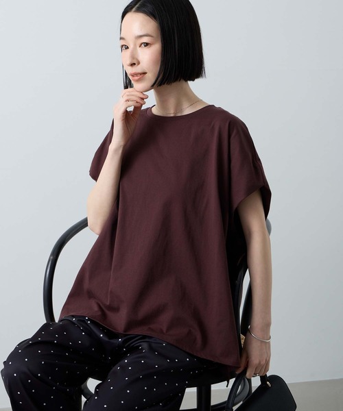 Aunely(オーネリー)の「【Aunely】ひんやり 360°きれい見え フレンチスリーブ ミニマル Tシャツ <YOSOOIシリーズ>(Tシャツ/カットソー・レディース・ネイビー/イエロー系/モカ/ブラウン/チャコールグレー/オフホワイト/ライトブルー/ブラック・L/M)」の14枚目の写真