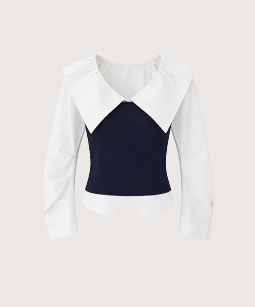 LA POMME petit（ラポミ・プチ）の「Big Collar Docking Shirt（シャツ/ブラウス・レディース・ブルー/ホワイト・FREE）」の2枚目の写真